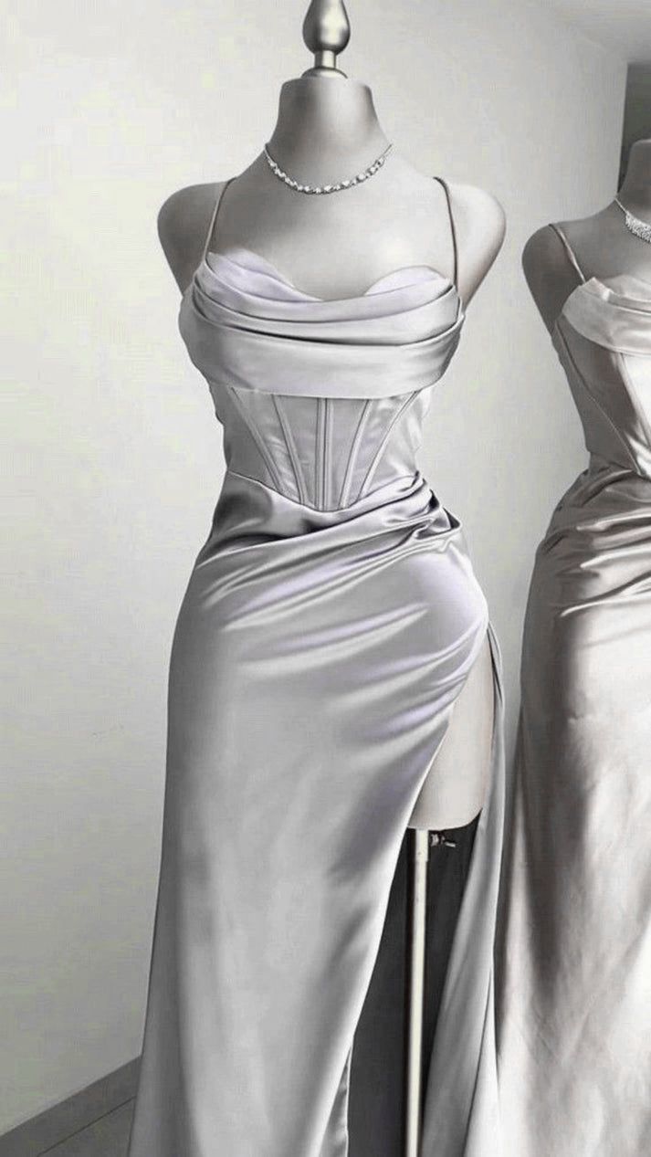 Gray Satin Spaghetti Strap Heart Neck Split Long Evening Dress  TP1454
