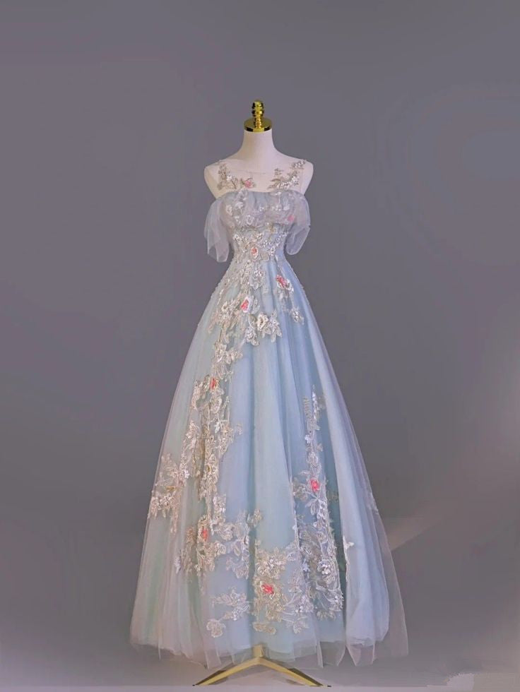 Light Blue A-line Round Neck Tulle Lace Long Evening Dresses  TP1457