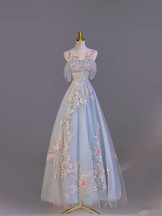 Light Blue A-line Round Neck Tulle Lace Long Evening Dresses  TP1457