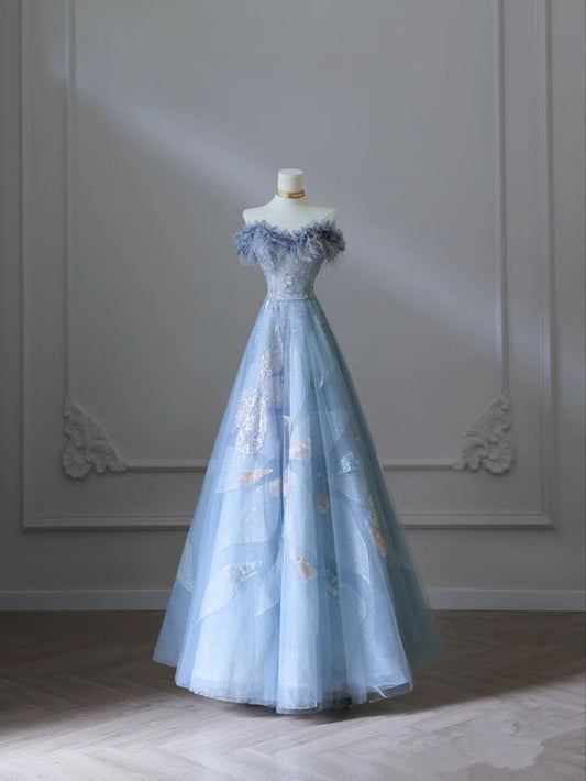 Blue A-Line Strapless Heart Neck Tulle Long Evening Dresses  TP1458