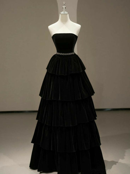 Vintage Black A-Line Velvet Strapless Elegant Tiered Long Evening Dresses  TP1459