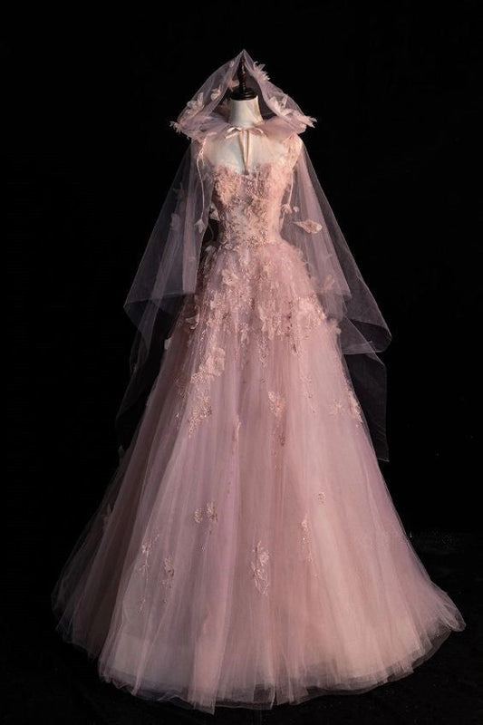 Pink A-Line Spaghetti Strap Tulle Long Evening Dresses  TP1462