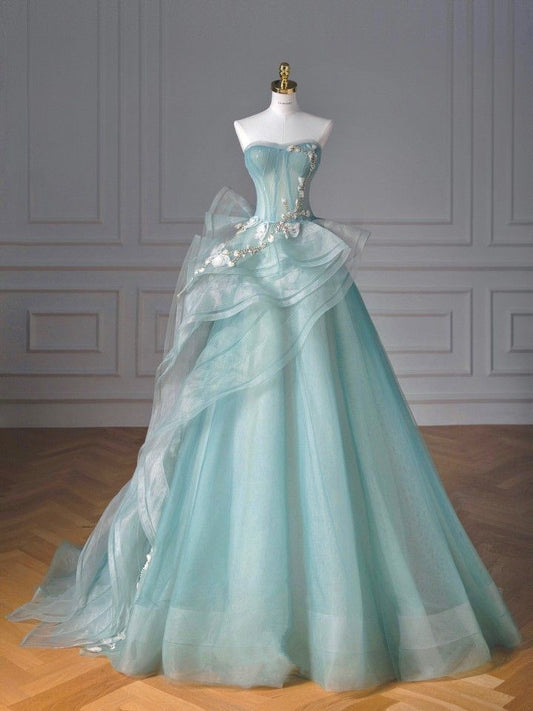 Green A-line Heart Neck Strapless Tulle Long Evening Gowns  TP1463