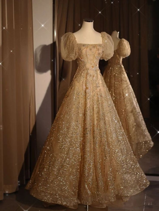 Gold A-Line One Neck Short Sleeve Sparkling Tulle Long Evening Dresses  TP1464