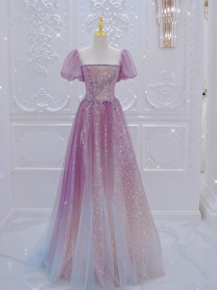 Gradient Purple A-Line One Neck Short Sleeve Tulle Long Evening Dresses  TP1471