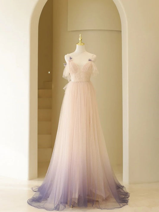 Cute Pink A-Line Spaghetti Strap Sleeveless Tulle Floor Length Dresses  TP1472