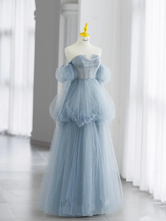 Blue A-line Strapless Long Sleeve Tulle Long Evening Dresses  TP1474