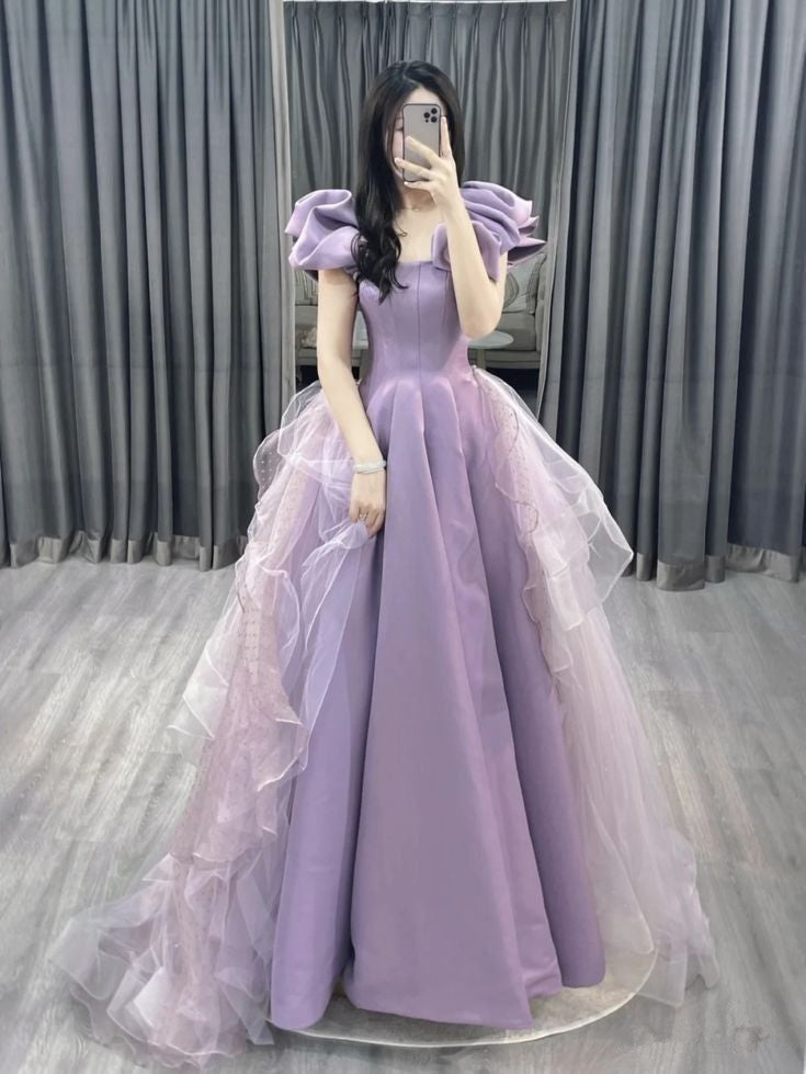 Purple A-line Short Sleeve Straplessable Satin Tulle Long Evening Dress  TP1475