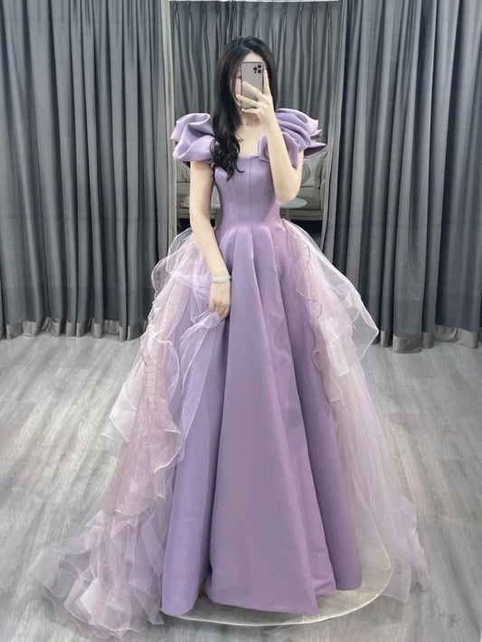 Purple A-line Short Sleeve Straplessable Satin Tulle Long Evening Dress  TP1475