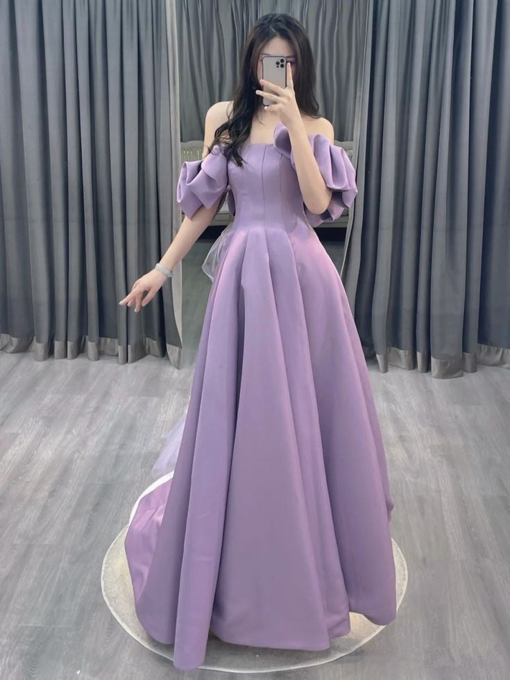 Purple A-line Short Sleeve Straplessable Satin Tulle Long Evening Dress  TP1475
