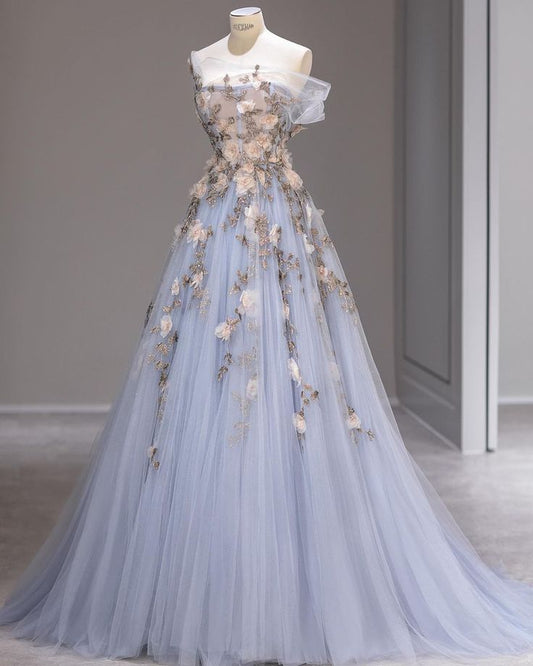 Blue A-line Strapless Sleeveless 3D Flower Tulle Long Evening Dresses  TP1481
