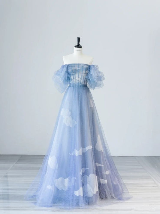 Blue A-line Strapless Tulle Long Evening Dresses  TP1483