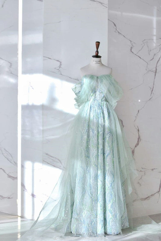 Green A-line Strapless Sleeveless Beaded Tulle Long Evening Dresses   TP1487