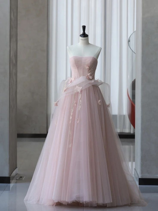 Pink A-Line Strapless Butterfly Tulle Long Evening Dresses  TP1488