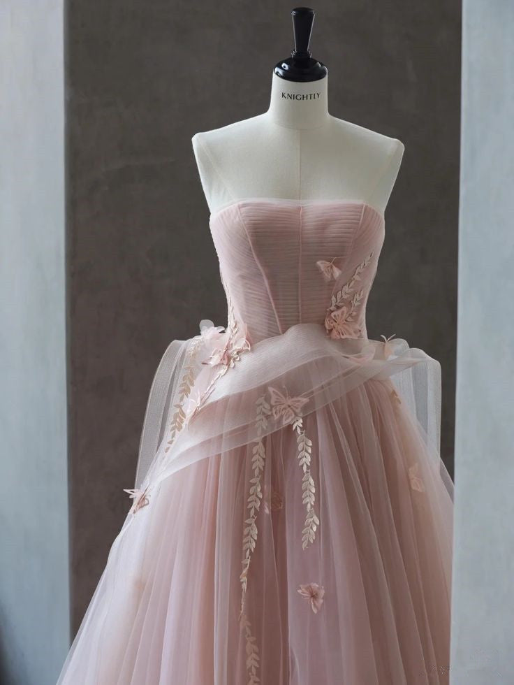 Pink A-Line Strapless Butterfly Tulle Long Evening Dresses  TP1488