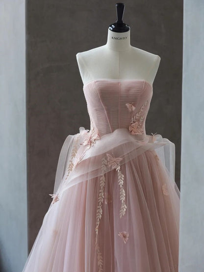 Pink A-Line Strapless Butterfly Tulle Long Evening Dresses  TP1488