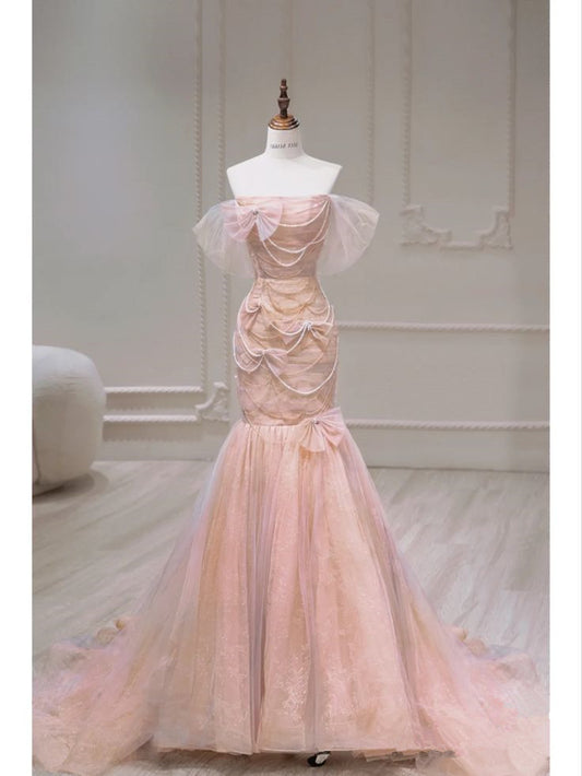 Pink Mermaid Sheath Strapless Tulle Floor Length Evening Dresses  TP1490