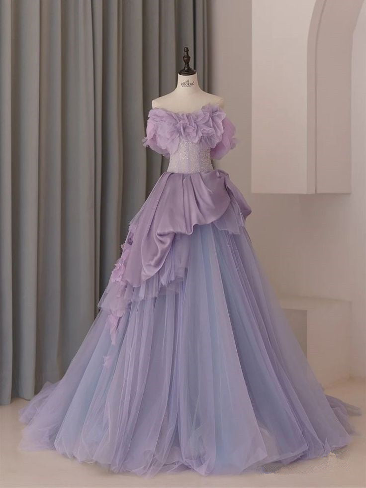 Beautiful Purple A-Line Strapless Tulle Long Evening Dresses  TP1491