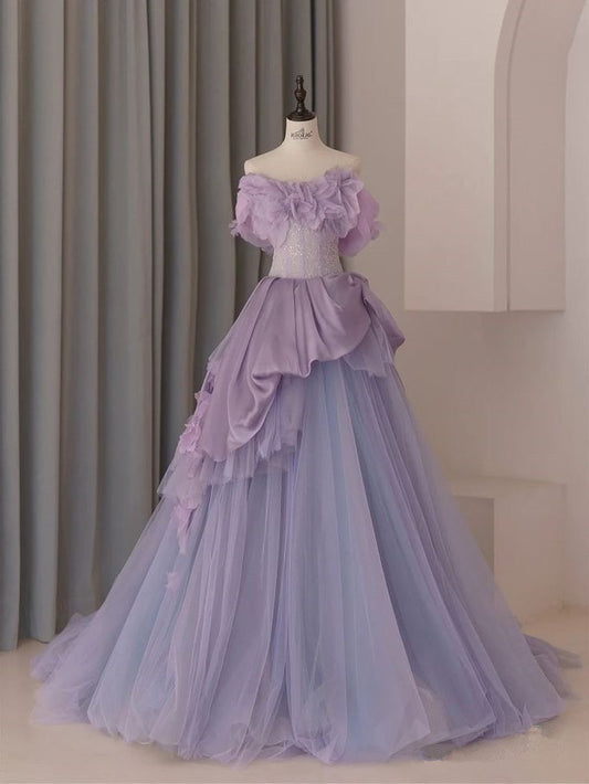 Beautiful Purple A-Line Strapless Tulle Long Evening Dresses  TP1491
