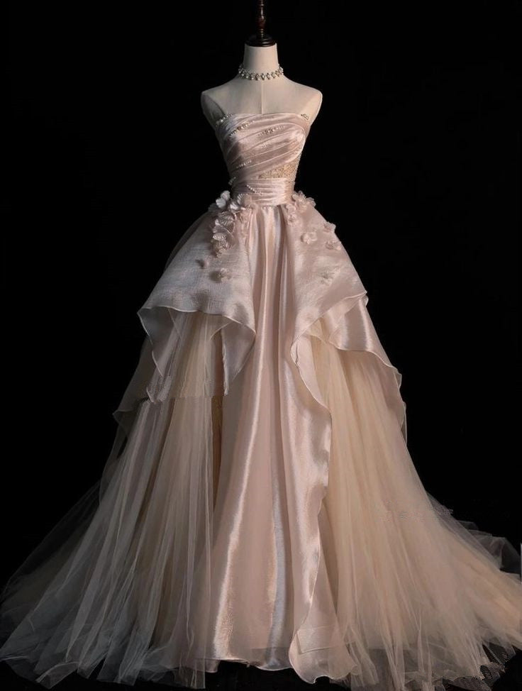 Pink Satin A-Line Strapless Tulle Long Evening Dresses  TP1493