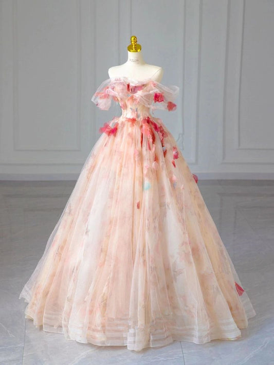 Pink A Line 3D Flower Strapless Tulle Long Evening Dresses  TP1494