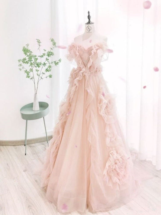 Pink A-line Strapless Sleeveless Ruffled Long Evening Dresses  TP1497