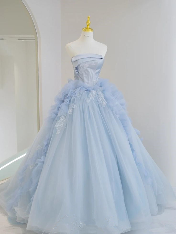 Blue A-line Sheath Strapless Ruffle Tulle Long Evening Dresses  TP1498
