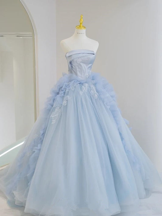 Blue A-line Sheath Strapless Ruffle Tulle Long Evening Dresses  TP1498