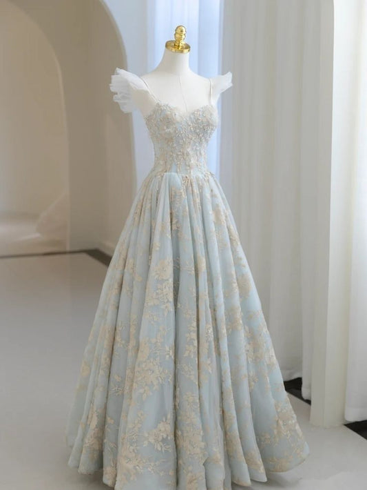Light Blue A-line Strap Lace Long Evening Dress TP1501