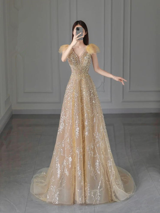 Pale Yellow A-Line V-Neck Short Sleeve Bright Beaded Tulle Long Evening Dresses TP1502