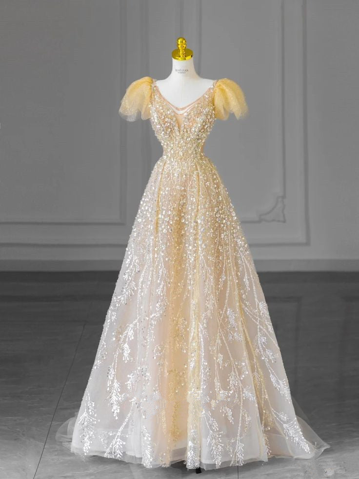 Pale Yellow A-Line V-Neck Short Sleeve Bright Beaded Tulle Long Evening Dresses TP1502