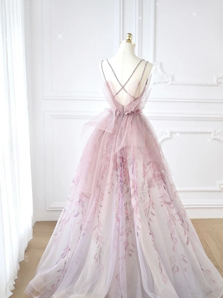 Pale Pink A-Line Spaghetti Strap Tulle Printed Long Evening Dresses TP1503