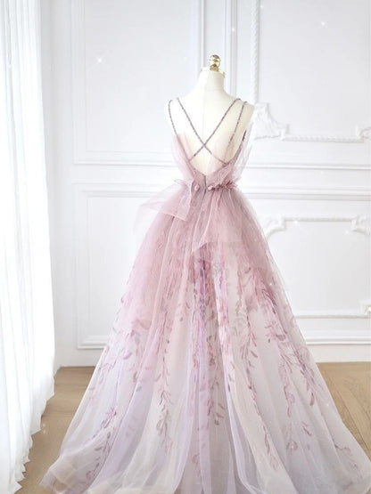 Pale Pink A-Line Spaghetti Strap Tulle Printed Long Evening Dresses TP1503