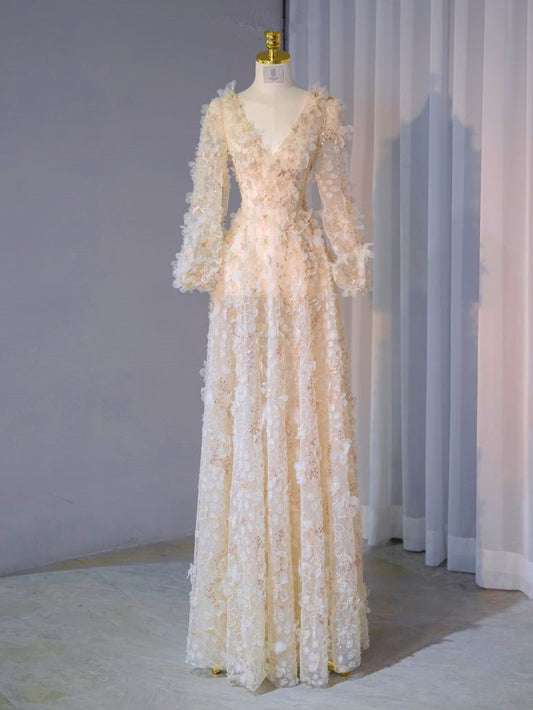 Pale Yellow A-Line V-Neck Long Sleeve Long Evening Dresses TP1504