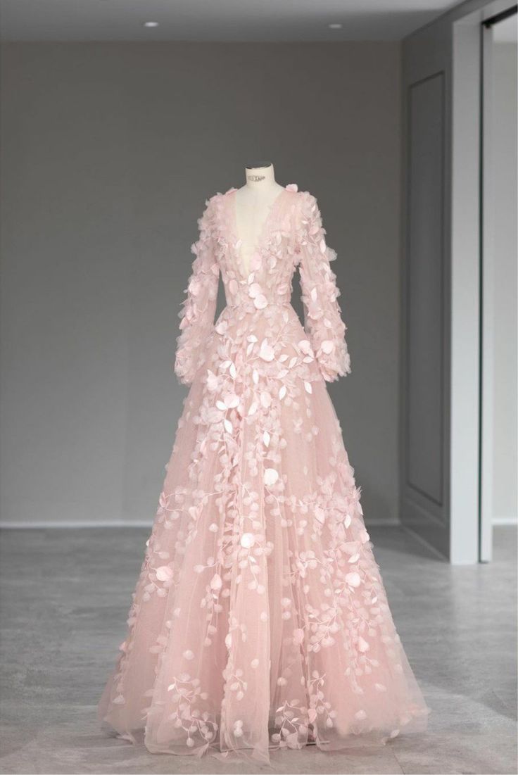 Pink A-Line V-Neck Long Sleeve Tulle Long Evening Dresses TP1506