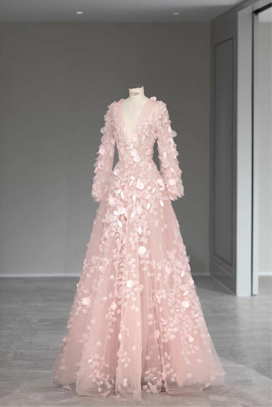 Pink A-Line V-Neck Long Sleeve Tulle Long Evening Dresses TP1506