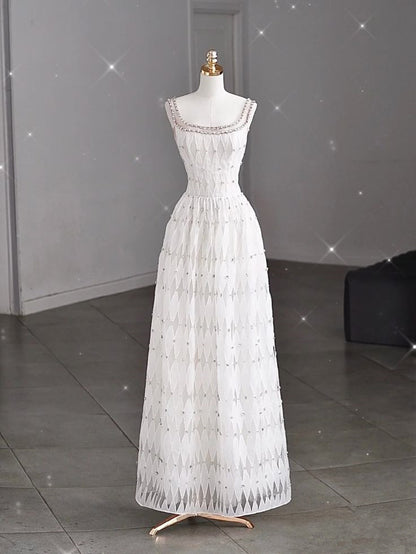 White A-line Spaghetti Straps Sleeveless Tulle Long Simple Evening Dresses TP1507