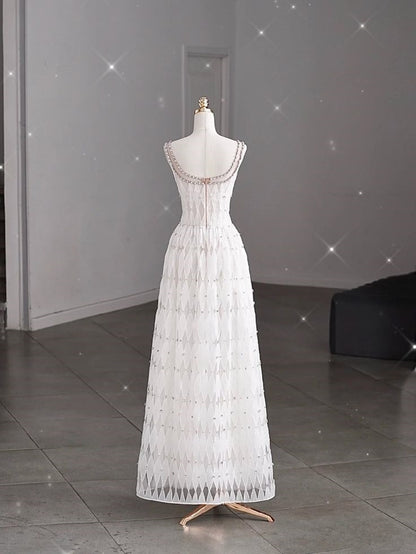 White A-line Spaghetti Straps Sleeveless Tulle Long Simple Evening Dresses TP1507