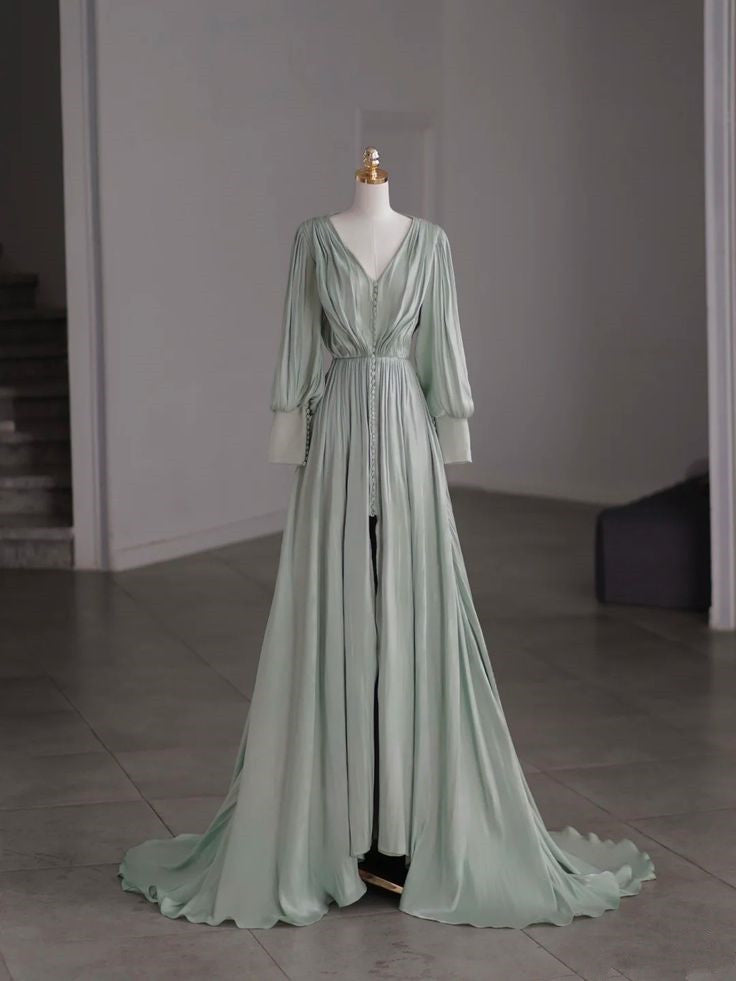 Green V-Neck Long Sleeve Chiffon Split Floor Length Evening Gowns TP1508