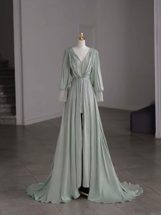 Green V-Neck Long Sleeve Chiffon Split Floor Length Evening Gowns TP1508