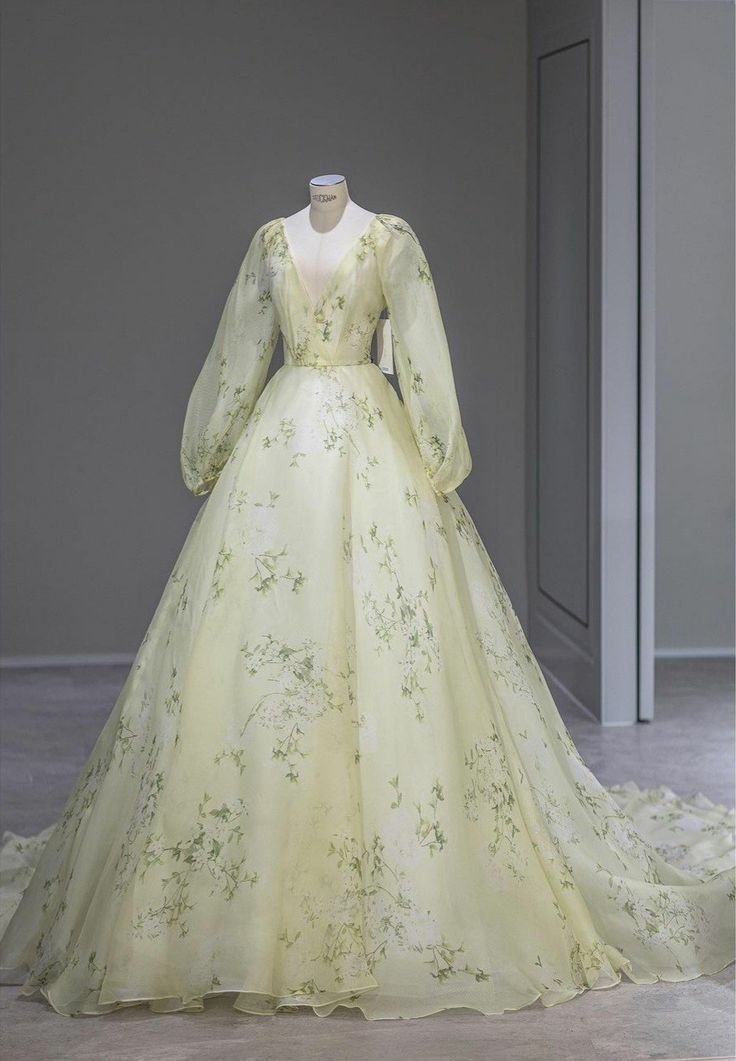 Pale Yellow A-Line V-Neck Long Sleeve Chiffon Long Evening Dresses TP1511