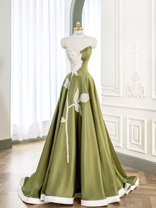 Green and White A-Line Spaghetti Strap Heart Neck Satin Long Evening Gowns TP1513