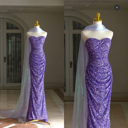 Purple Mermaid Strapless Heart Neck Full Beaded Long Evening Dress TP1514