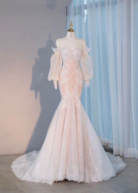 Pink Mermaid Strapless Heart Neck Tulle Floor Length Evening Dresses TP1515