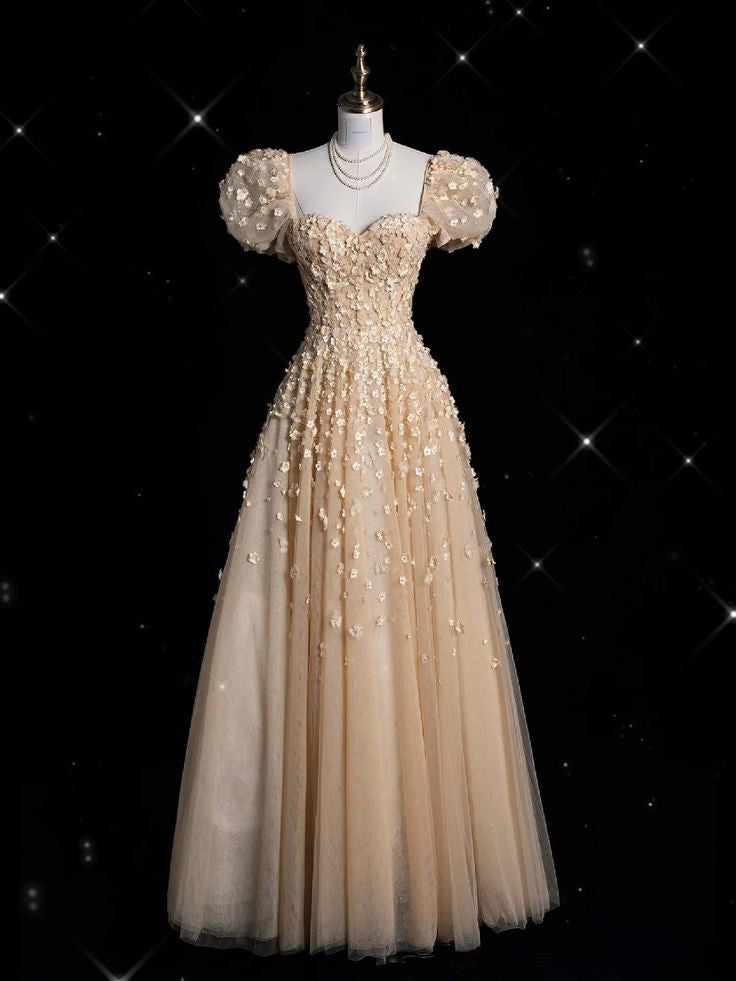 Yellow A-line Heart Shaped Neck Short Sleeve Tulle Long Evening Dress TP1518
