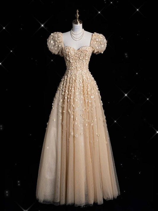 Yellow A-line Heart Shaped Neck Short Sleeve Tulle Long Evening Dress TP1518