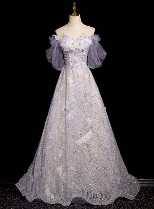 Purple Sequins Off the Shoulder Flower Prom Dress TP1519