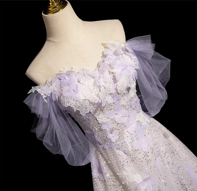 Purple Sequins Off the Shoulder Flower Prom Dress TP1519