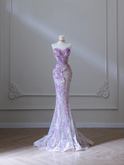 Purple Mermaid Strapless Heart Neck 3D Flower Long Evening Dresses TP1522