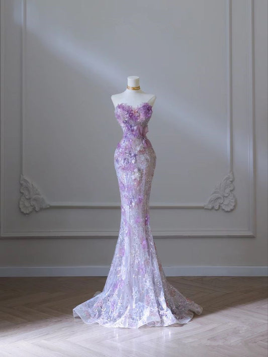 Purple Mermaid Strapless Heart Neck 3D Flower Long Evening Dresses TP1522
